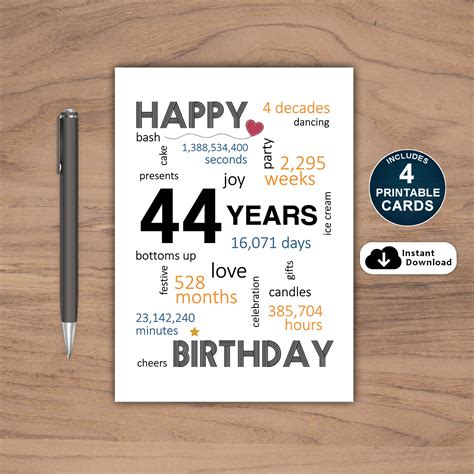 44th Birthday Card Printable 44th Birthday Card Printable Etsy