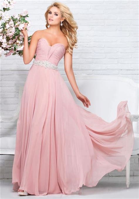 Perfect A Line Strapless Sweetheart Long Blush Pink Chiffon Beaded Prom