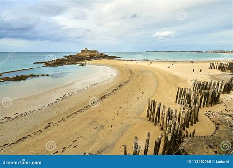 Saint Malo Beach Fort National And Rocks During Low Tide Britt Stock