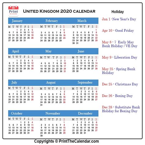 Uk Calendar 2020 With Uk Public Holidays