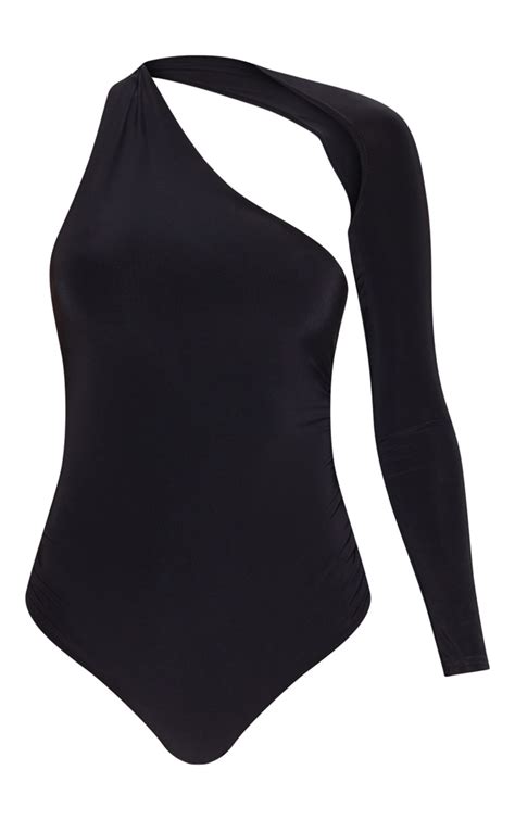 Black One Shoulder Asymmetric Bodysuit Prettylittlething Usa