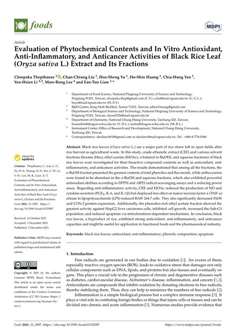 pdf evaluation of phytochemical contents and in vitro antioxidant anti inflammatory and