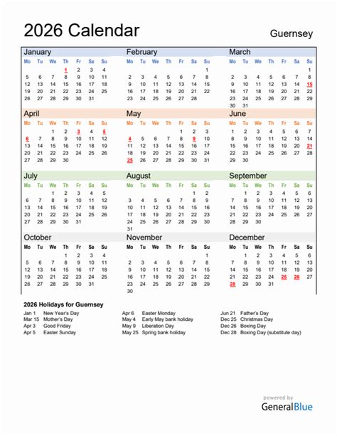 Annual Calendar 2026 With Guernsey Holidays