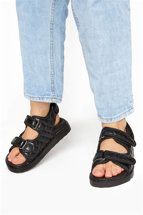 Black Quilted Velcro Sandal In Extra Wide Eee Fit Yours Clothing