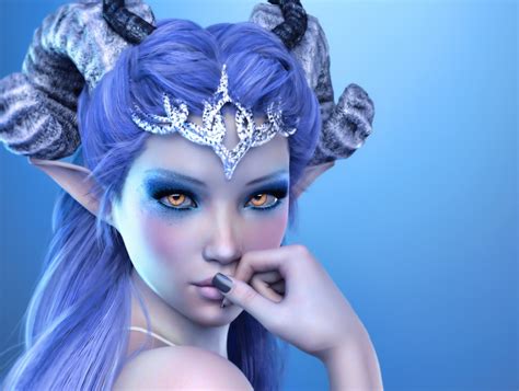 Download Jewelry Blue Hair Elf Horns Fantasy Demon Hd Wallpaper