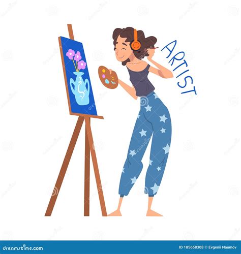 Woman Artist Painting On Easel Creative Hobby Or Profession Cartoon