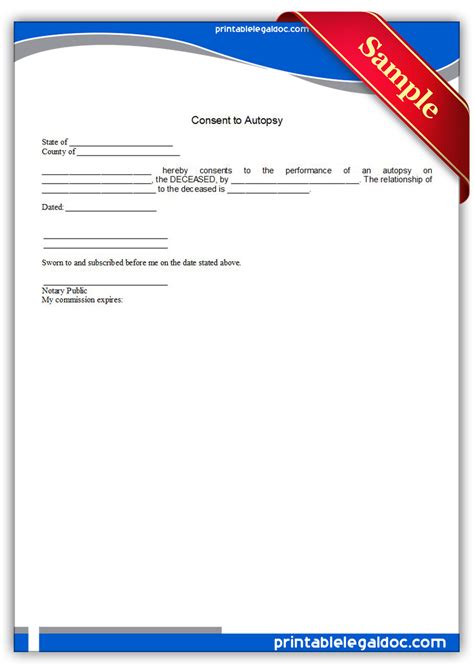 Free Printable Consent To Autopsy Form Generic