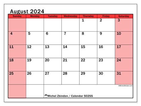 August 2024 Printable Calendar “56ss” Michel Zbinden Gy