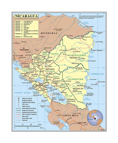 Detailed Political And Administrative Map Of Nicaragua With Roads