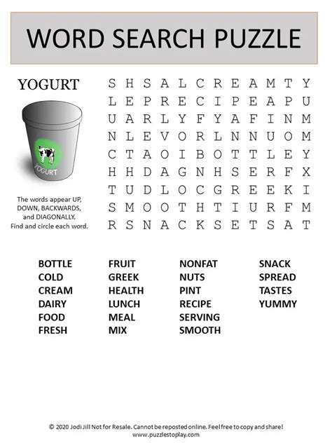 Yogurt Word Search Puzzle Puzzles To Play