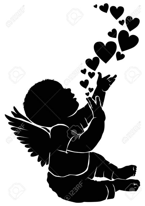 Silhouette Baby Angel With Flying Heart Royalty Free Cliparts Vectors