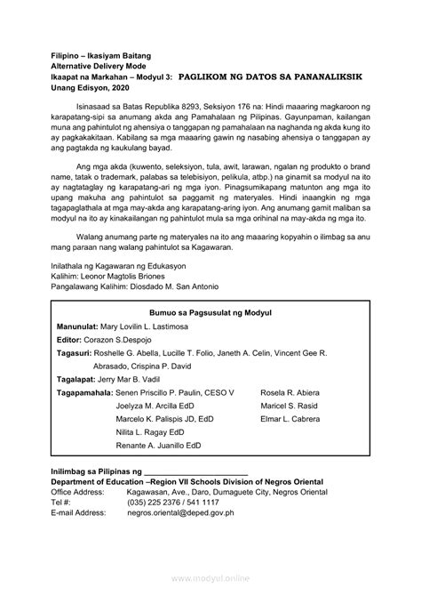 Filipino Ikaapat Na Markahan Modyul Layag Sa Kaligirang