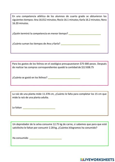 Problemas Con Decimales Online Exercise For 4to Primaria Live Worksheets