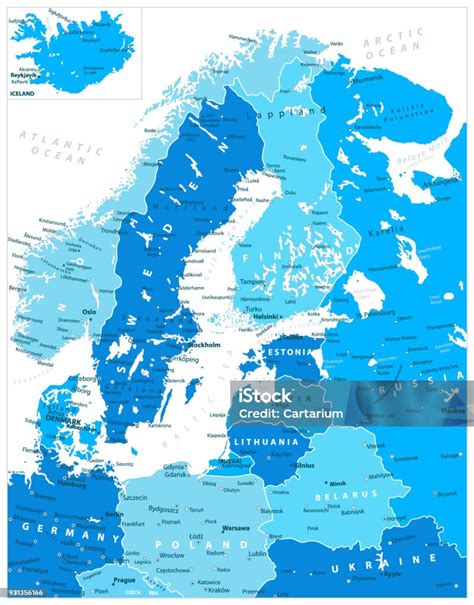 Ilustración De Mapa Del Norte De Europa En Cinco Tonos Azules Y Más Vectores Libres De Derechos