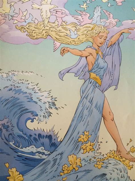 A Painting Of A Woman Standing In The Water With Her Arms Out And Wings