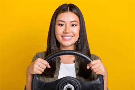 Closeup Portrait Of Young Car Driver Vietnamese Girl Hold Steering