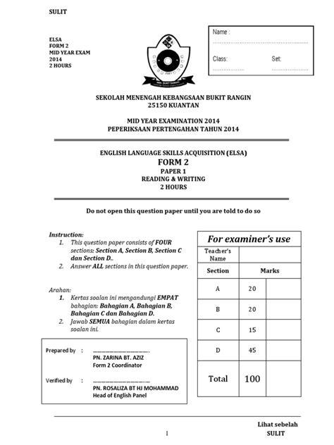 Form 2 English Mid Year 2014 Examination Pt3 Formatted Exam