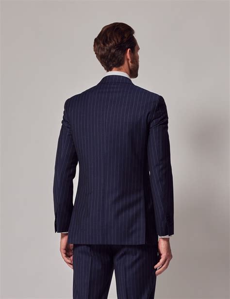 Mens Navy Chalk Stripe Double Breasted Slim Fit Suit Jacket Hawes