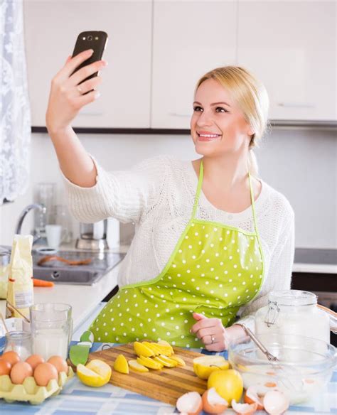 Housewife Doing Selfie At Kitchen Stock Image Image Of Clothes Board