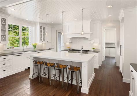 Beautiful White Kitchen In New Luxury Home With Island Pendant Lights
