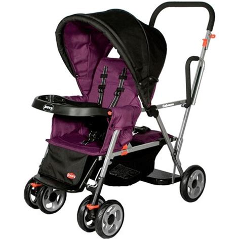 A Purple Stroller With Black Wheels On A White Background