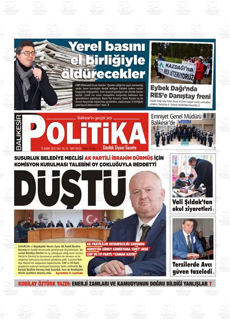 15 Şubat 2022 tarihli Balıkesir Politika Gazete Manşetleri