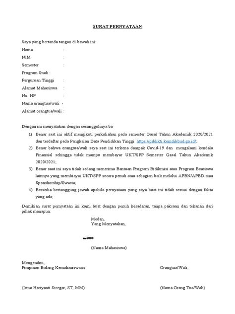 Surat Pernyataan Mahasiswa Penerima Bantuan Ukt Spp Kip Kuliah Pdf