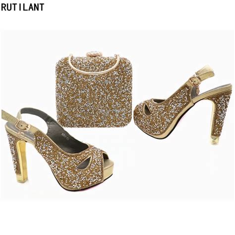 Gold Color Matching Shoes And Bag Set Decorated With Rhinestone High Heel Shoes Shoes And Bag