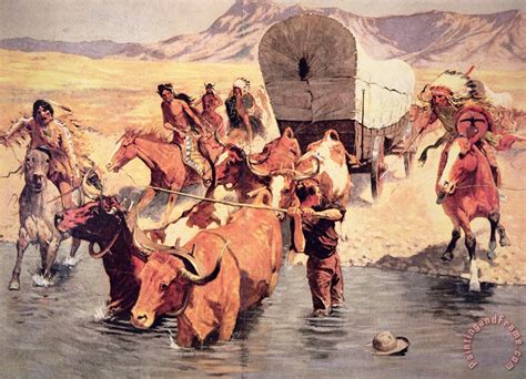 Frederic Remington Indians Attacking A Pioneer Wagon Train Painting