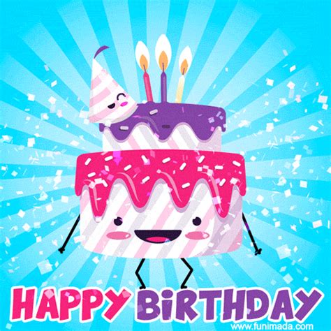 Cartoon Character Birthday Cake With Candles Throwing Up Confetti On The Animated Background