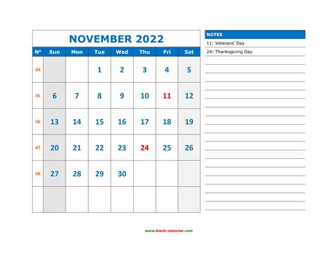 Free Download Printable November 2022 Calendar Large Space For