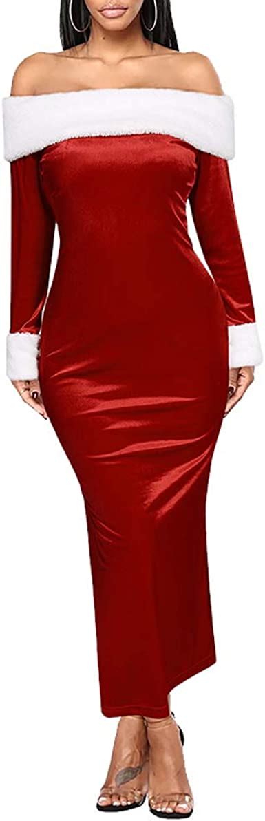 Christmas Woman Party Dress Velvet Long Sleeve Strapless Slim Dress Red Elegant Retro Christmas