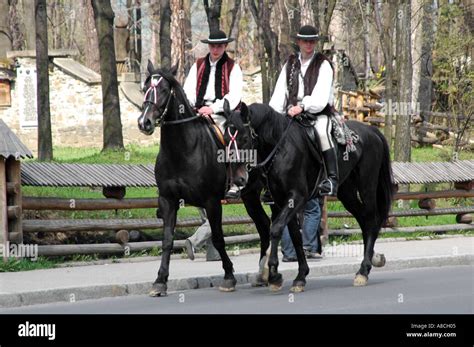 Polish Highlanders Wearing Traditional Clothes Riding Horses In