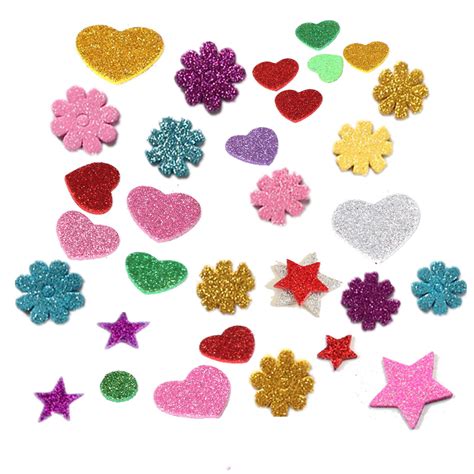 30pcs Assorted Glitter Shapes Hearts Stars Round Flowers Foam Stickers