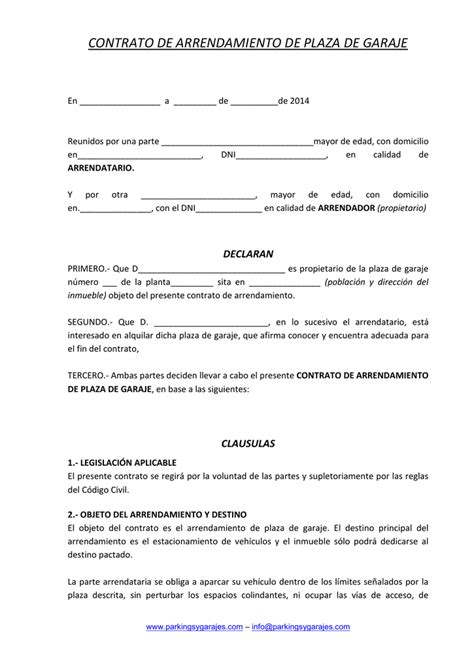 Modelo De Contrato De Alquiler De Plazas De Garaje