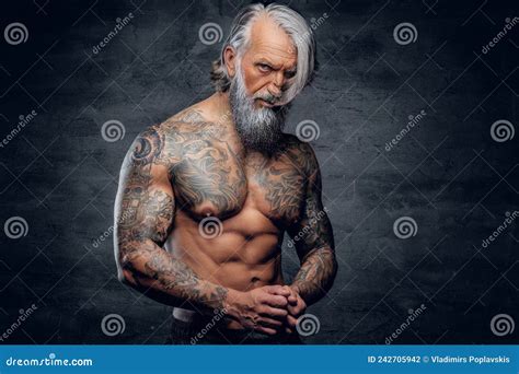 Fitnes Grandfather Bodybuilder With Long Beard And Naked Torso Stock