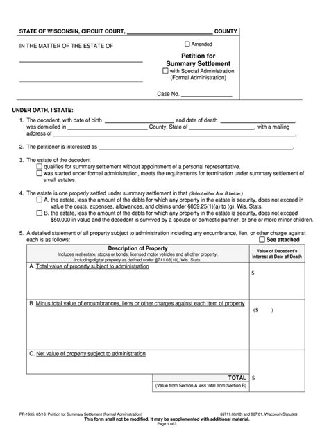 Summary Settlement Wisconsin Court System Circuit Court Form Fill Out