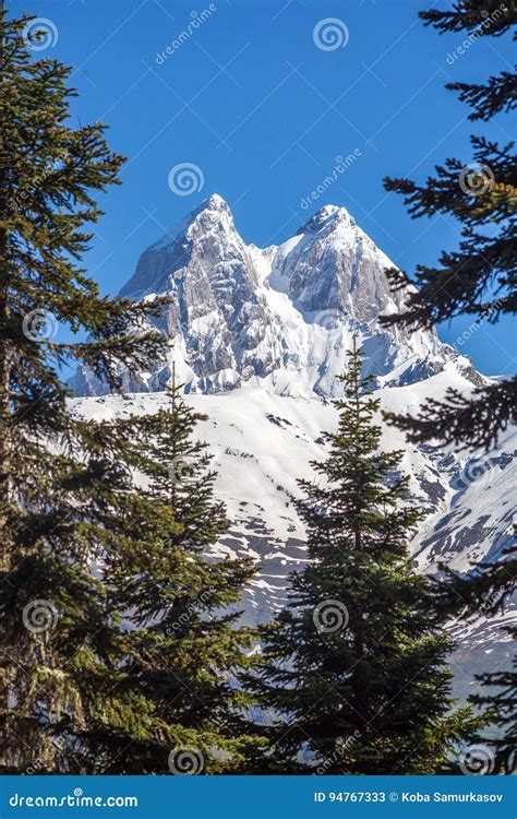 Peak Of Mount Ushba In Caucasus Mountains Svanetia Region In Ge Stock