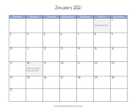 Add holidays and events and print the 2021 calendar. Printable Calendar January 2021 with Holidays Blank ...