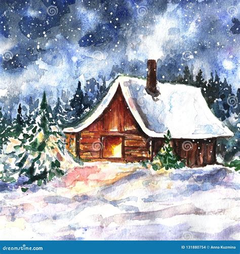 Christmas Night Scene With Winter Landscape And Little Wooden House