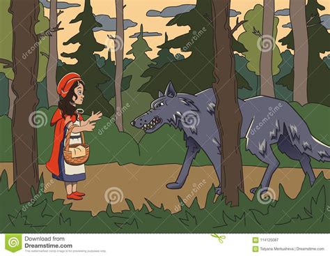 little red riding hood with big bad wolf in the dark woods vector fairy tale illustration
