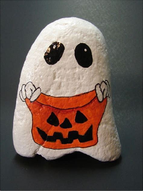 Halloween Trick Or Treat Ghost Jack O Lantern Hand Painted Rock Ooak