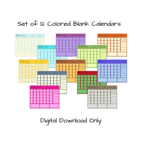12 Blank Fillable Colorful Calendars Instant Download Pdf Etsy