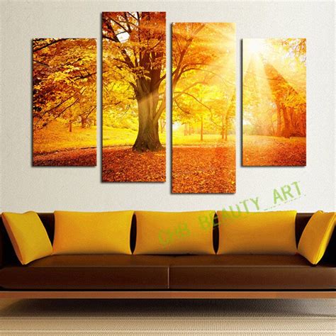 4 Panel Modern Abstract Sunshine Golden Forest Wall Art Picrue Print P