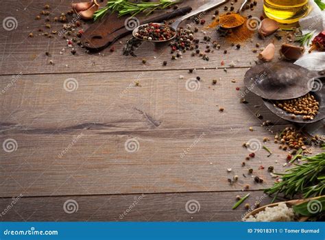 Herbs And Spices On Wood Table Stock Image Image Of Multy Preparing