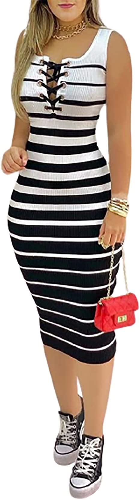 Chicme Womens Casual Striped Colorblock Lace Up Bodycon