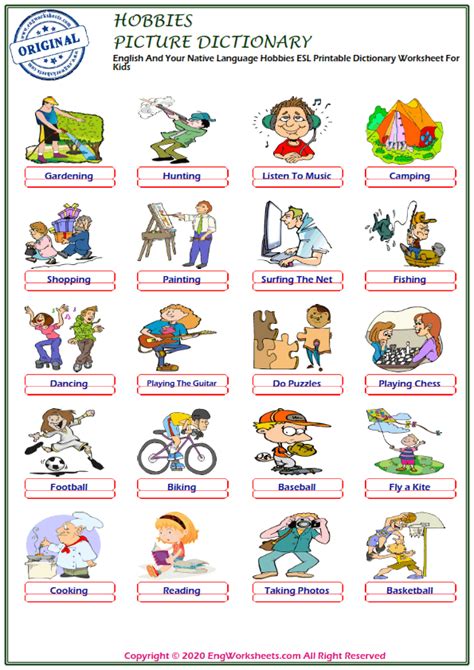 Hobbies Printable English Esl Vocabulary Worksheets Engworksheets
