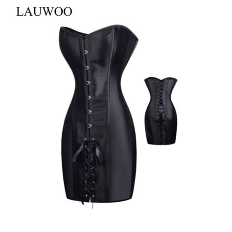 Lauwoo Sexy Gothic Black Satin Sexy Slim Fancy Corset Dress Clubwear Steampunk Outfit Overbust