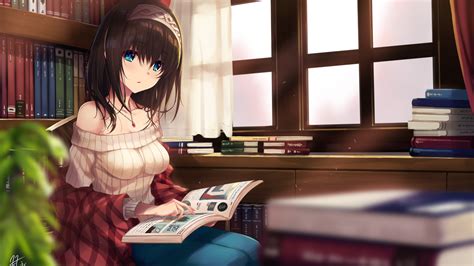 Desktop Wallpaper Cute Girl Reading Book Anime Original Hd Image