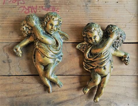 Vintage Ceramic Cherub Wall Hangings Gold Colored Baby Angels With Grapes